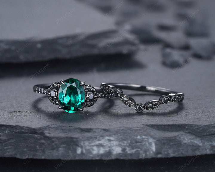 Gothic Oval Cut Emerald Engagement Ring Set, Black Gold Plated Emerald Promise Ring, Rhodium Black Anniversary Ring, Black Wedding Ring Gift - ShainJewelry
