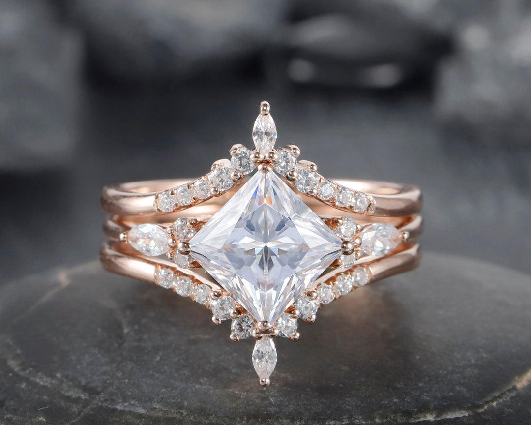 Unique Princess Cut Moissanite Bridal Set, Vintage Moissanite Engagement Ring , Art Deco Moissanite Wedding Set, 14K Rose Gold Promise Ring - ShainJewelry