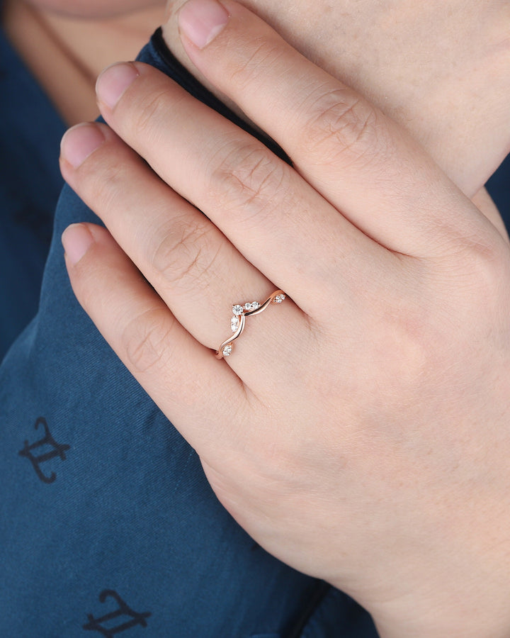 Delicate Diamond Wedding Band, Dainty Rose Gold Round Moissanite Curved Matching Band Stacking Band Twig Branch Engagement Band, Bridal Ring - ShainJewelry