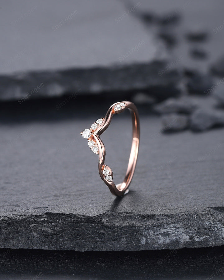 Delicate Diamond Wedding Band, Dainty Rose Gold Round Moissanite Curved Matching Band Stacking Band Twig Branch Engagement Band, Bridal Ring - ShainJewelry