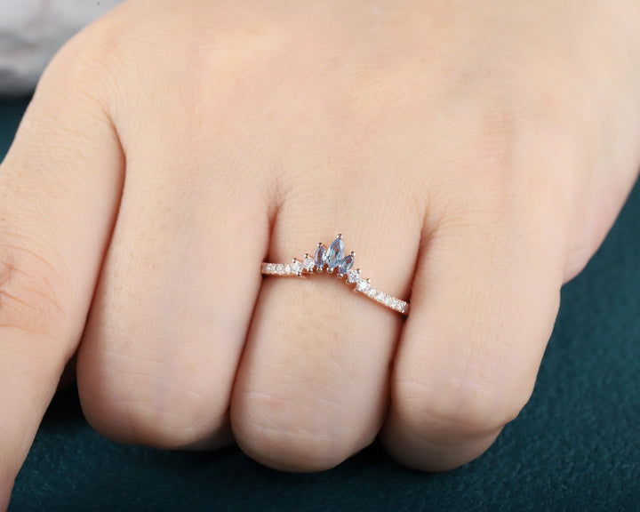 V Shaped Marquise Alexandrite Wedding Band, Rose Gold Alexandrite Engagement Band, Curved Matching Band, Stacking Anniversary Ring Enhancer - ShainJewelry