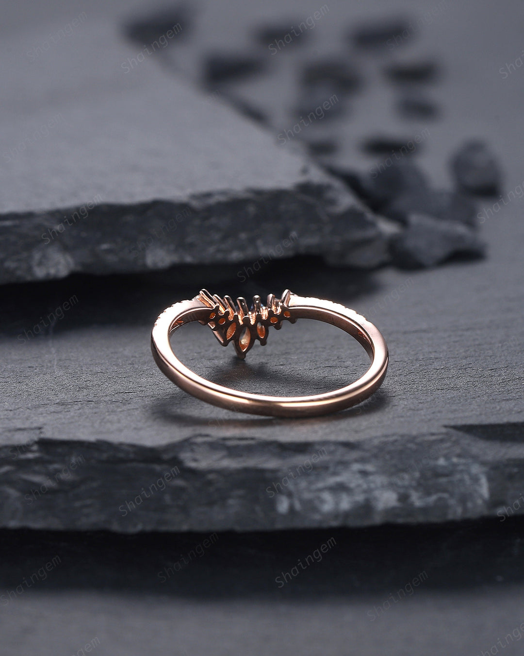 V Shaped Marquise Alexandrite Wedding Band, Rose Gold Alexandrite Engagement Band, Curved Matching Band, Stacking Anniversary Ring Enhancer - ShainJewelry