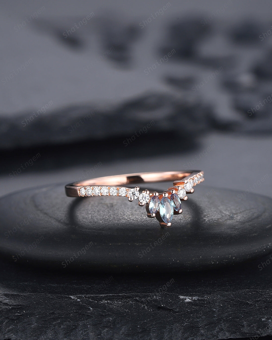 V Shaped Marquise Alexandrite Wedding Band, Rose Gold Alexandrite Engagement Band, Curved Matching Band, Stacking Anniversary Ring Enhancer - ShainJewelry