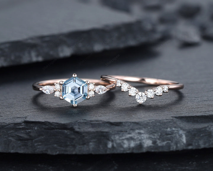 Unique Hexagon Aquamarine Engagement Ring Set, Vintage Aquamarine and Diamond Wedding Ring, 14K Rose Gold March Birthstone Promise Ring Gift - ShainJewelry
