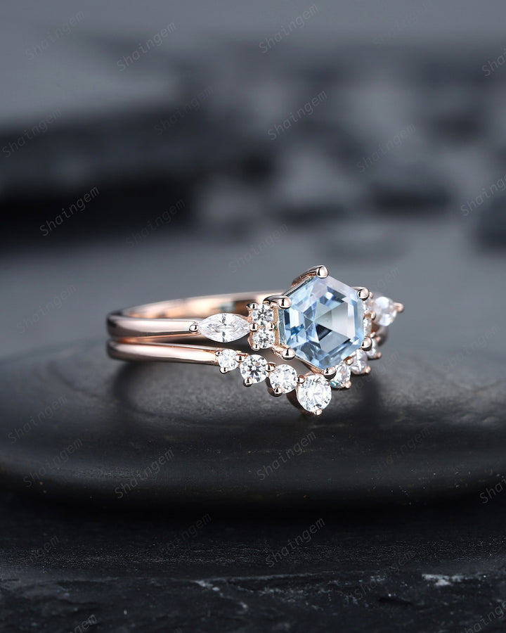 Unique Hexagon Aquamarine Engagement Ring Set, Vintage Aquamarine and Diamond Wedding Ring, 14K Rose Gold March Birthstone Promise Ring Gift - ShainJewelry