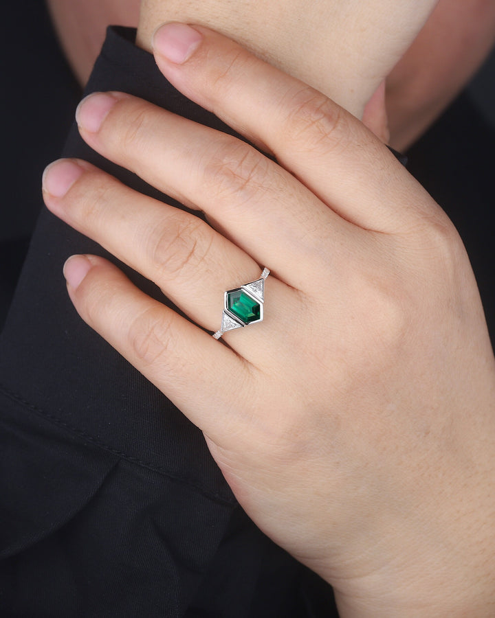 Vintage Long Hexagon Cut Emerald Engagement Ring, Unique 14K White Gold Trilliant Moissanite Wedding Promise Ring Three Stone Ring For Women - ShainJewelry