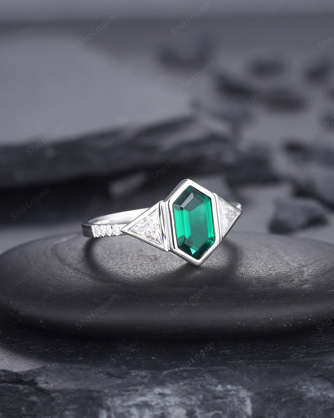 Vintage Long Hexagon Cut Emerald Engagement Ring, Unique 14K White Gold Trilliant Moissanite Wedding Promise Ring Three Stone Ring For Women - ShainJewelry