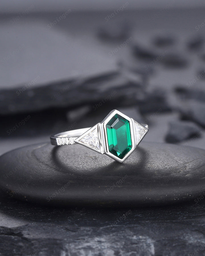 Vintage Long Hexagon Cut Emerald Engagement Ring, Unique 14K White Gold Trilliant Moissanite Wedding Promise Ring Three Stone Ring For Women - ShainJewelry
