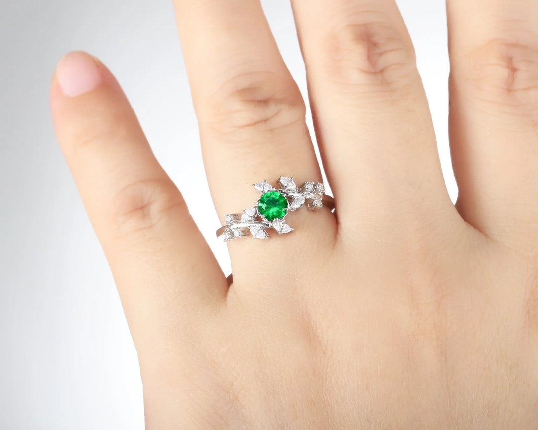 Vintage Round Natural Tsavorite Leaf Engagement Ring, 14K 18K White Gold Green Garnet Promise Ring, Unique Tsavorite Wedding Ring Gift - ShainJewelry