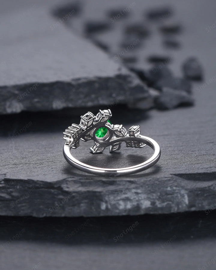 Vintage Round Natural Tsavorite Leaf Engagement Ring, 14K 18K White Gold Green Garnet Promise Ring, Unique Tsavorite Wedding Ring Gift - ShainJewelry