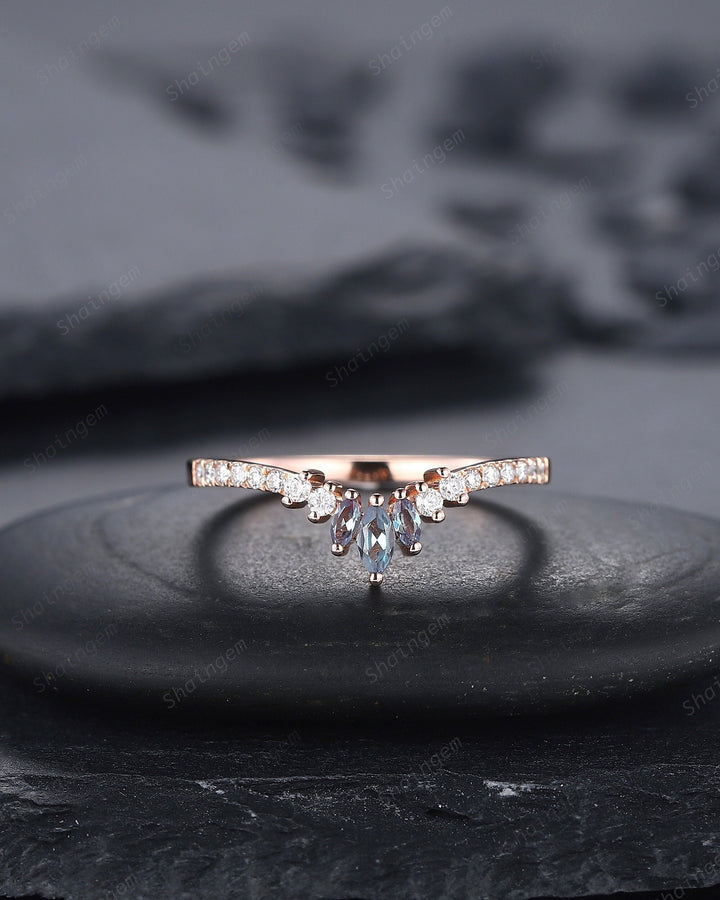 V Shaped Marquise Alexandrite Wedding Band, Rose Gold Alexandrite Engagement Band, Curved Matching Band, Stacking Anniversary Ring Enhancer - ShainJewelry