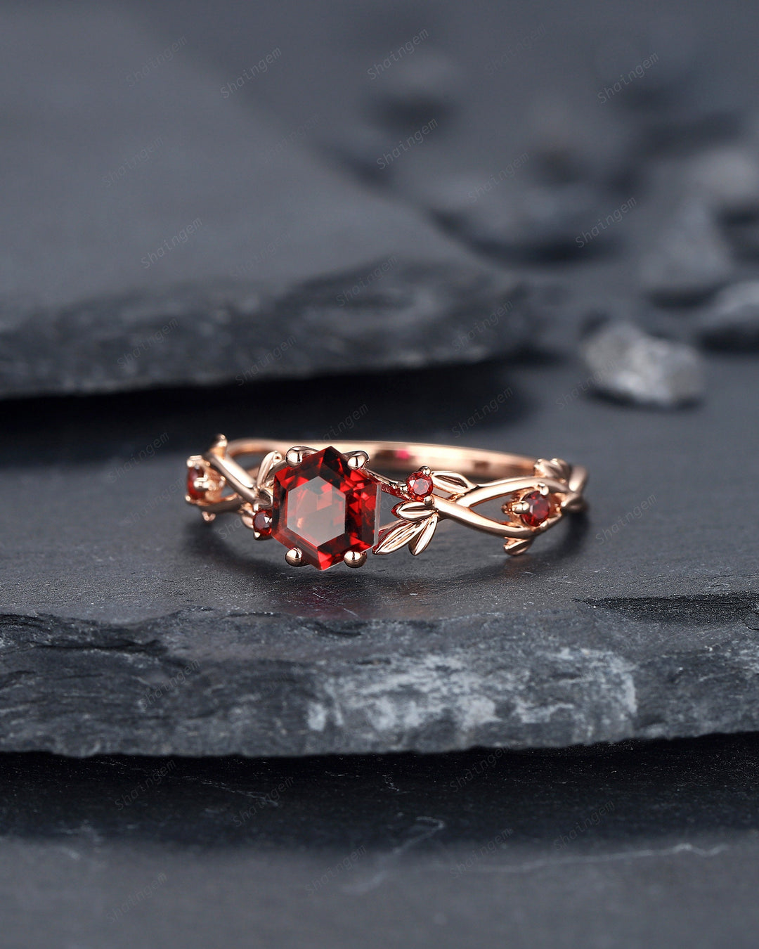 Vintage Hexagon Cut Garnet Leaf Engagement Ring Dainty Twig Promise Ring Unique 14K Rose Gold January Birthday Wedding Ring Gift for Women - ShainJewelry