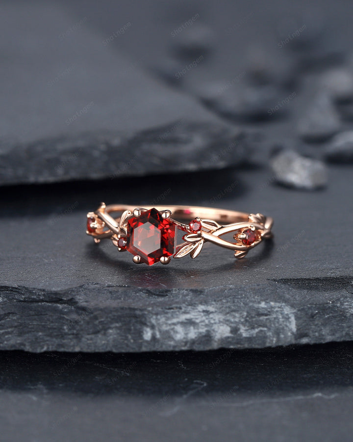 Vintage Hexagon Cut Garnet Leaf Engagement Ring Dainty Twig Promise Ring Unique 14K Rose Gold January Birthday Wedding Ring Gift for Women - ShainJewelry