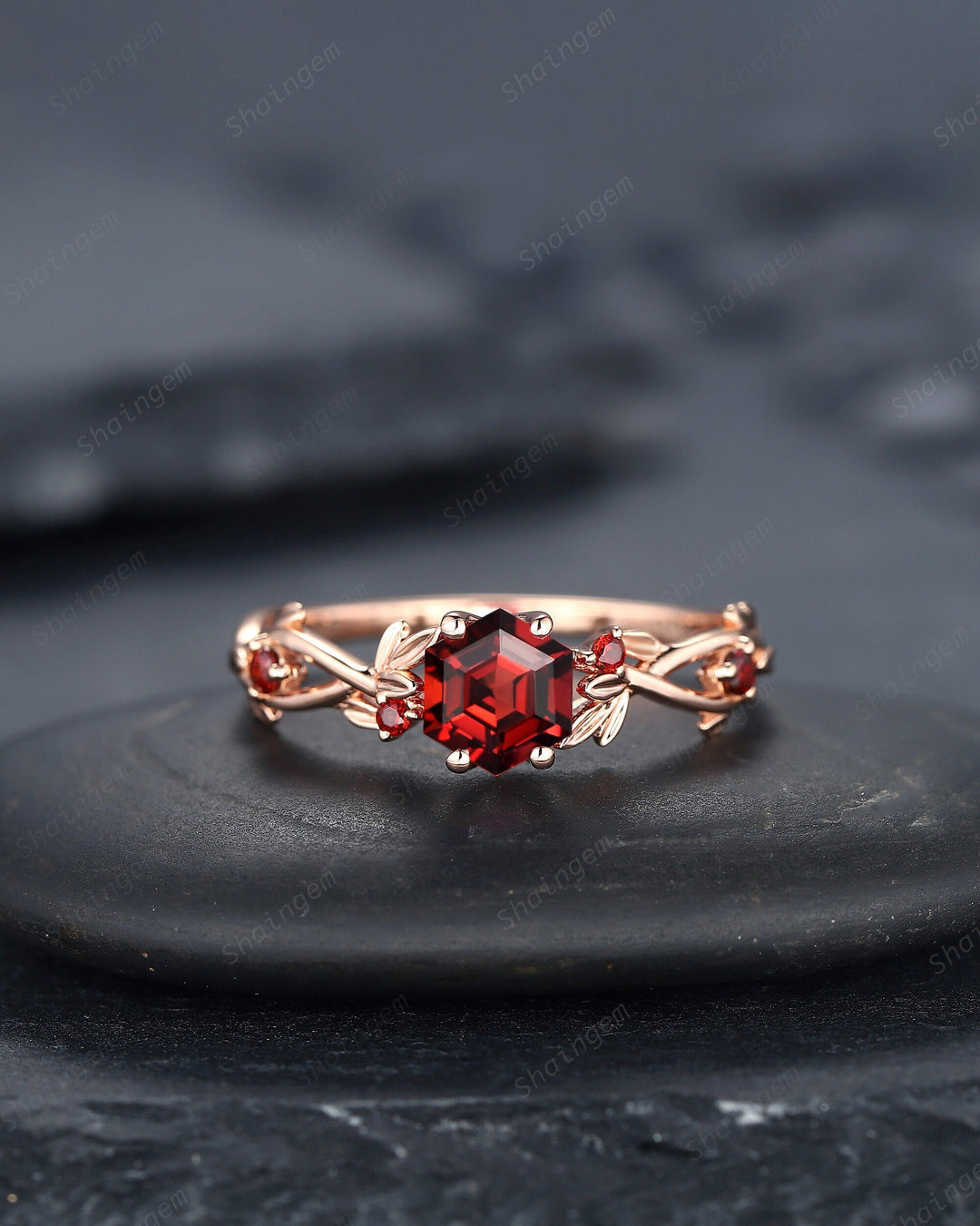 Vintage Hexagon Cut Garnet Leaf Engagement Ring Dainty Twig Promise Ring Unique 14K Rose Gold January Birthday Wedding Ring Gift for Women