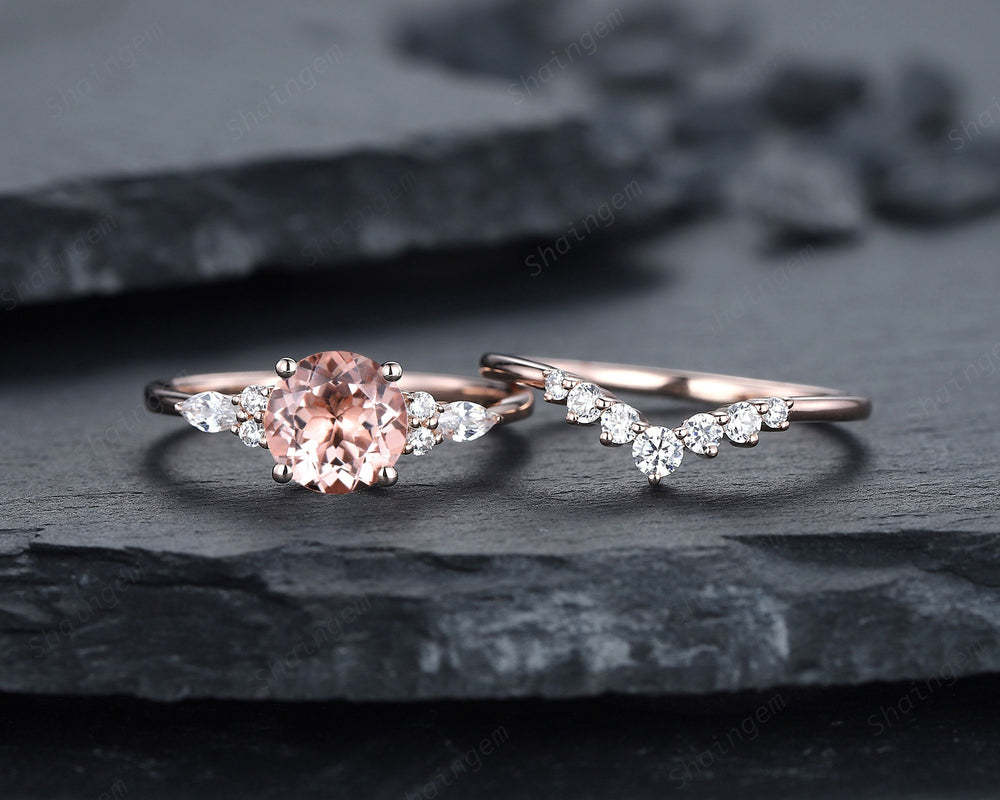 Unique Round Pink Morganite Engagement Ring Set, Vintage Morganite and Diamond Wedding Ring, 14K Rose Gold Morganite Promise Ring Gift - ShainJewelry