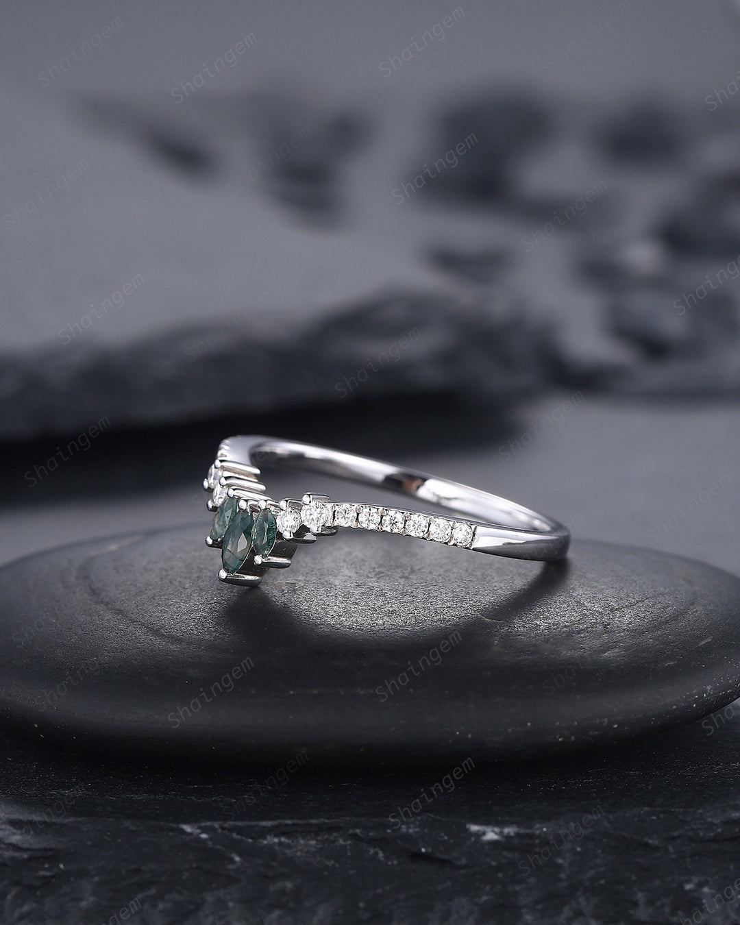 V Shaped Marquise Moss Agate Wedding Band, White Gold Moss Agate Engagement Band, Curved Matching Band, Stacking Anniversary Ring Enhancer - ShainJewelry