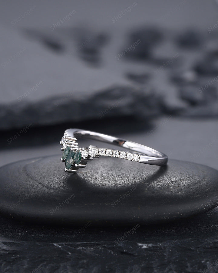 V Shaped Marquise Moss Agate Wedding Band, White Gold Moss Agate Engagement Band, Curved Matching Band, Stacking Anniversary Ring Enhancer - ShainJewelry