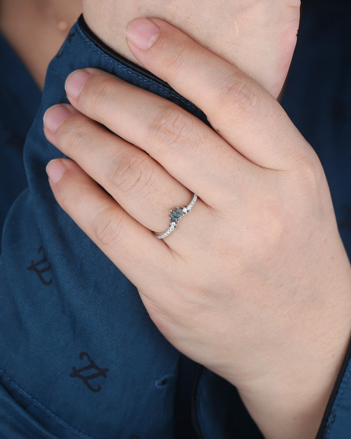 V Shaped Marquise Moss Agate Wedding Band, White Gold Moss Agate Engagement Band, Curved Matching Band, Stacking Anniversary Ring Enhancer - ShainJewelry