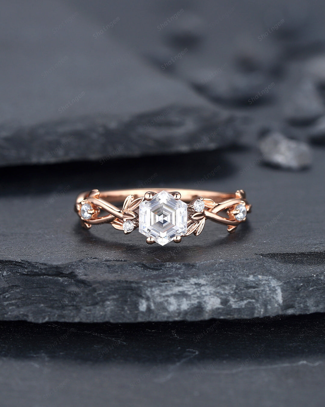 Vintage Hexagon Cut Moissanite Leaf Engagement Ring, Twig Branch Moissanite Promise Ring Unique 14K Rose Gold Wedding Ring Gift for Women - ShainJewelry