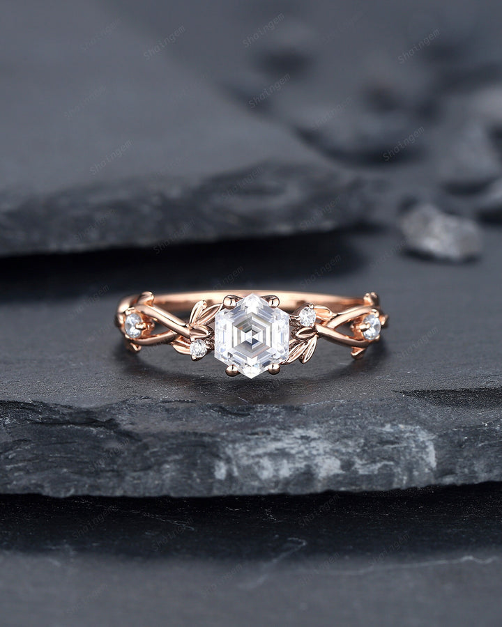 Vintage Hexagon Cut Moissanite Leaf Engagement Ring, Twig Branch Moissanite Promise Ring Unique 14K Rose Gold Wedding Ring Gift for Women - ShainJewelry