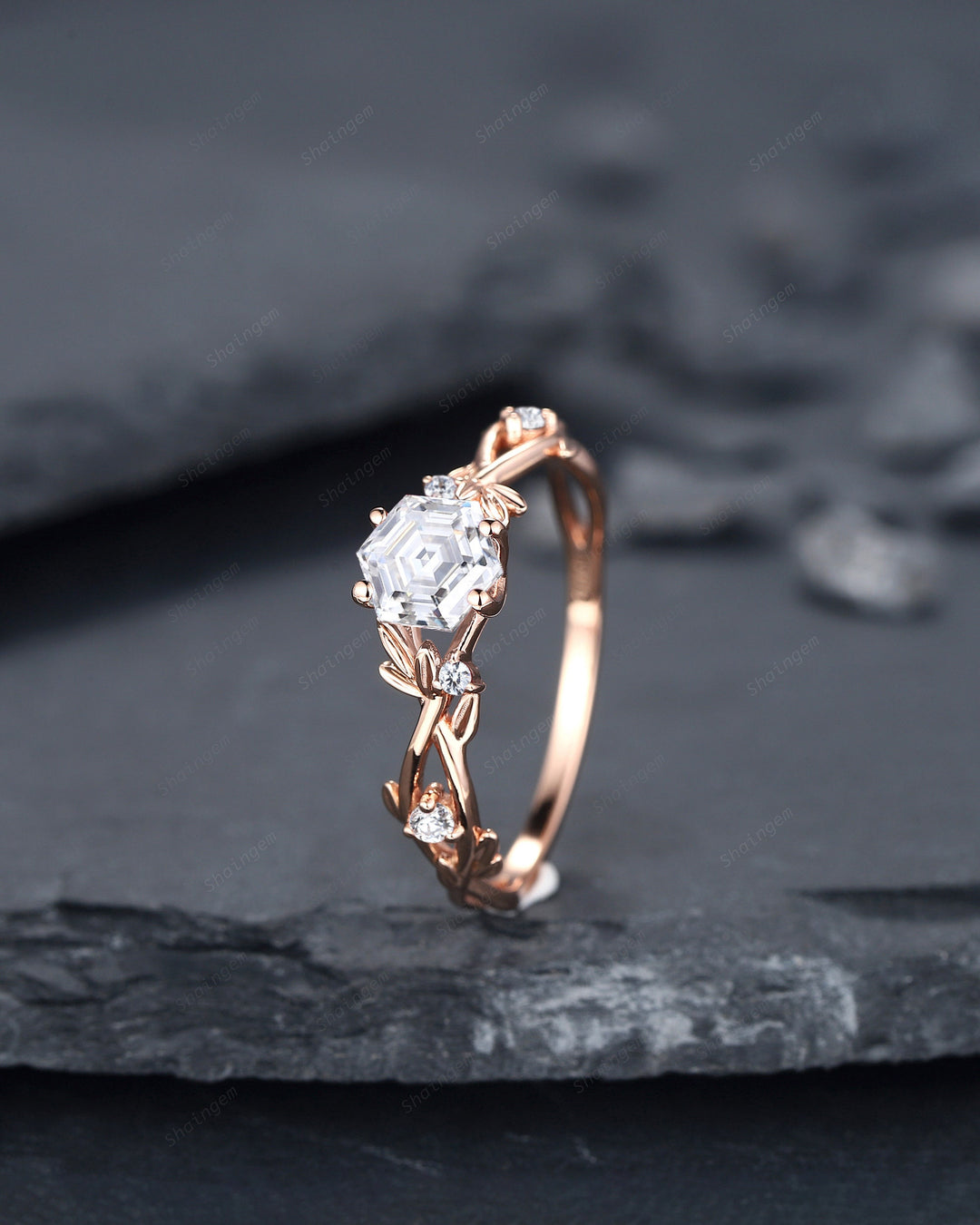 Vintage Hexagon Cut Moissanite Leaf Engagement Ring, Twig Branch Moissanite Promise Ring Unique 14K Rose Gold Wedding Ring Gift for Women - ShainJewelry