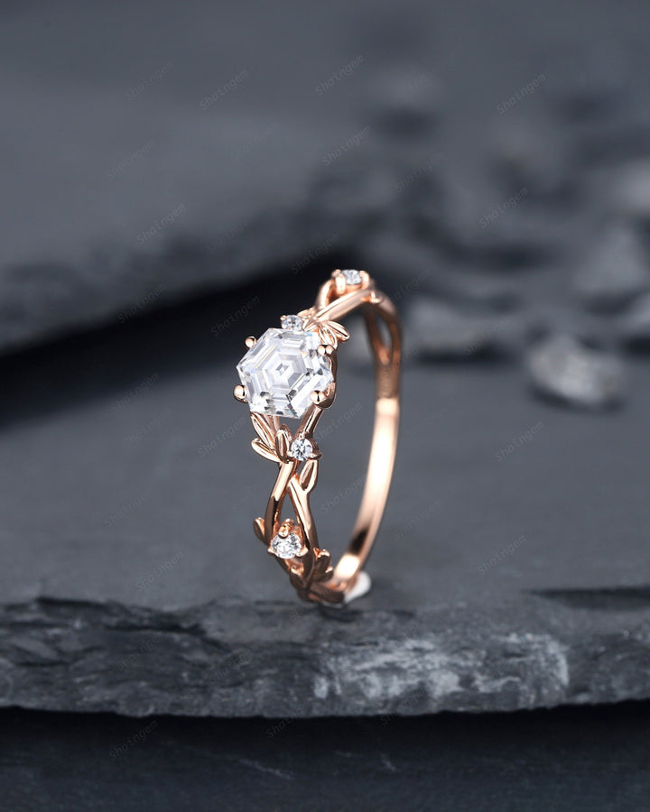 Vintage Hexagon Cut Moissanite Leaf Engagement Ring, Twig Branch Moissanite Promise Ring Unique 14K Rose Gold Wedding Ring Gift for Women - ShainJewelry