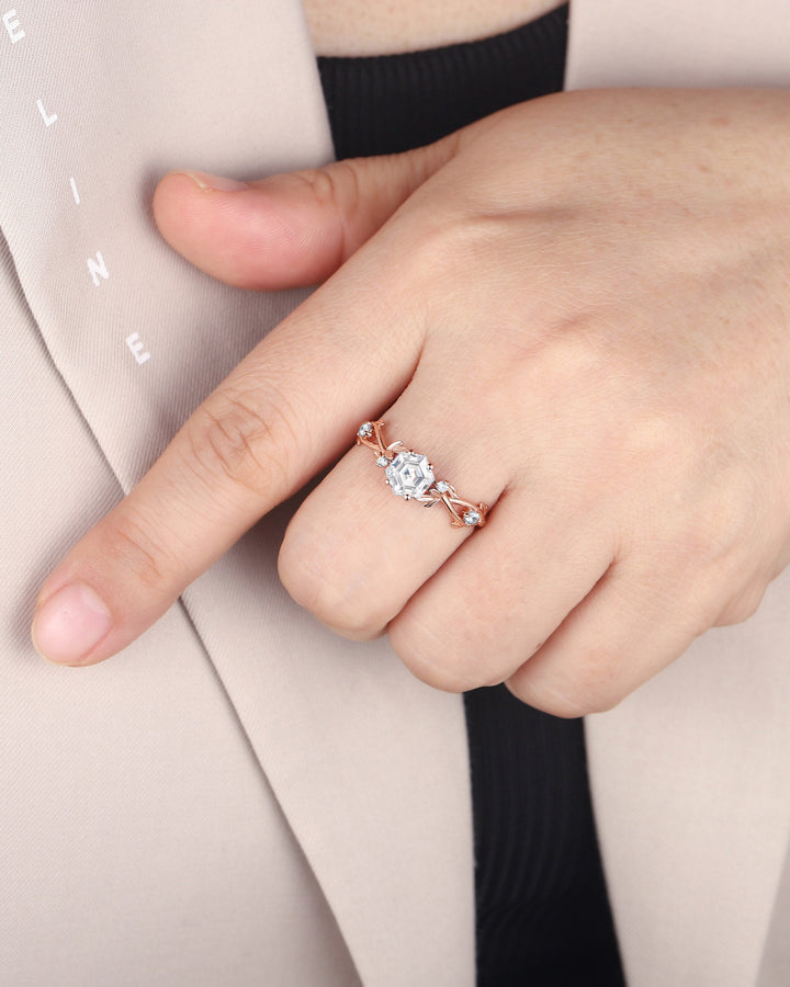 Vintage Hexagon Cut Moissanite Leaf Engagement Ring, Twig Branch Moissanite Promise Ring Unique 14K Rose Gold Wedding Ring Gift for Women - ShainJewelry