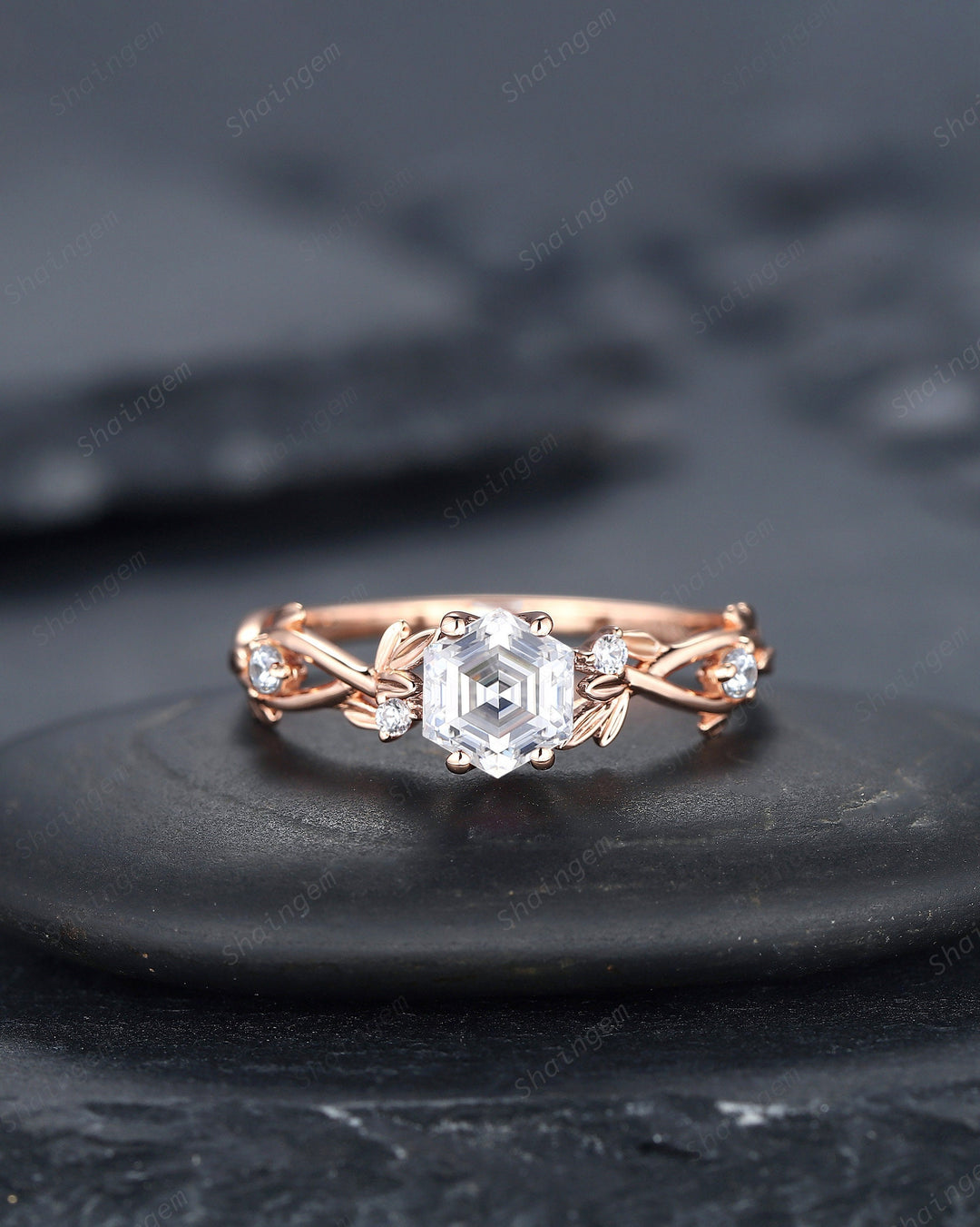 Vintage Hexagon Cut Moissanite Leaf Engagement Ring, Twig Branch Moissanite Promise Ring Unique 14K Rose Gold Wedding Ring Gift for Women - ShainJewelry