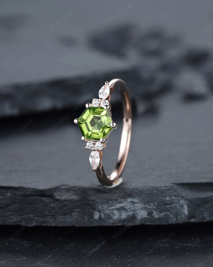 Unique Hexagon Peridot Engagement Ring Set, Vintage Peridot and Diamond Wedding Ring 14K Rose Gold August Birthstone Promise Ring Bridal Set - ShainJewelry