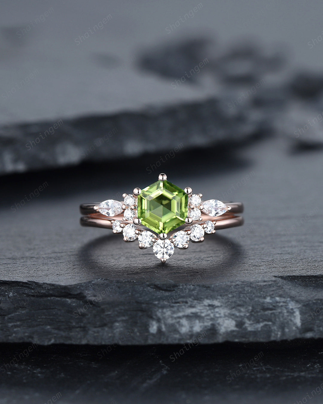 Unique Hexagon Peridot Engagement Ring Set, Vintage Peridot and Diamond Wedding Ring 14K Rose Gold August Birthstone Promise Ring Bridal Set - ShainJewelry