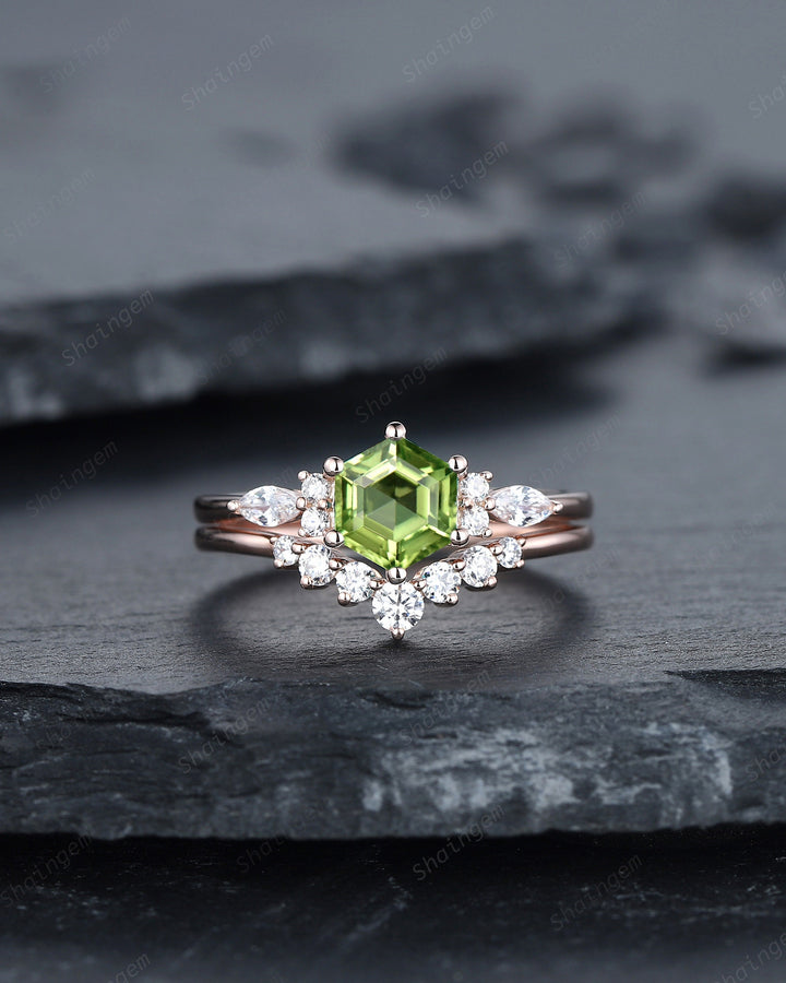 Unique Hexagon Peridot Engagement Ring Set, Vintage Peridot and Diamond Wedding Ring 14K Rose Gold August Birthstone Promise Ring Bridal Set - ShainJewelry