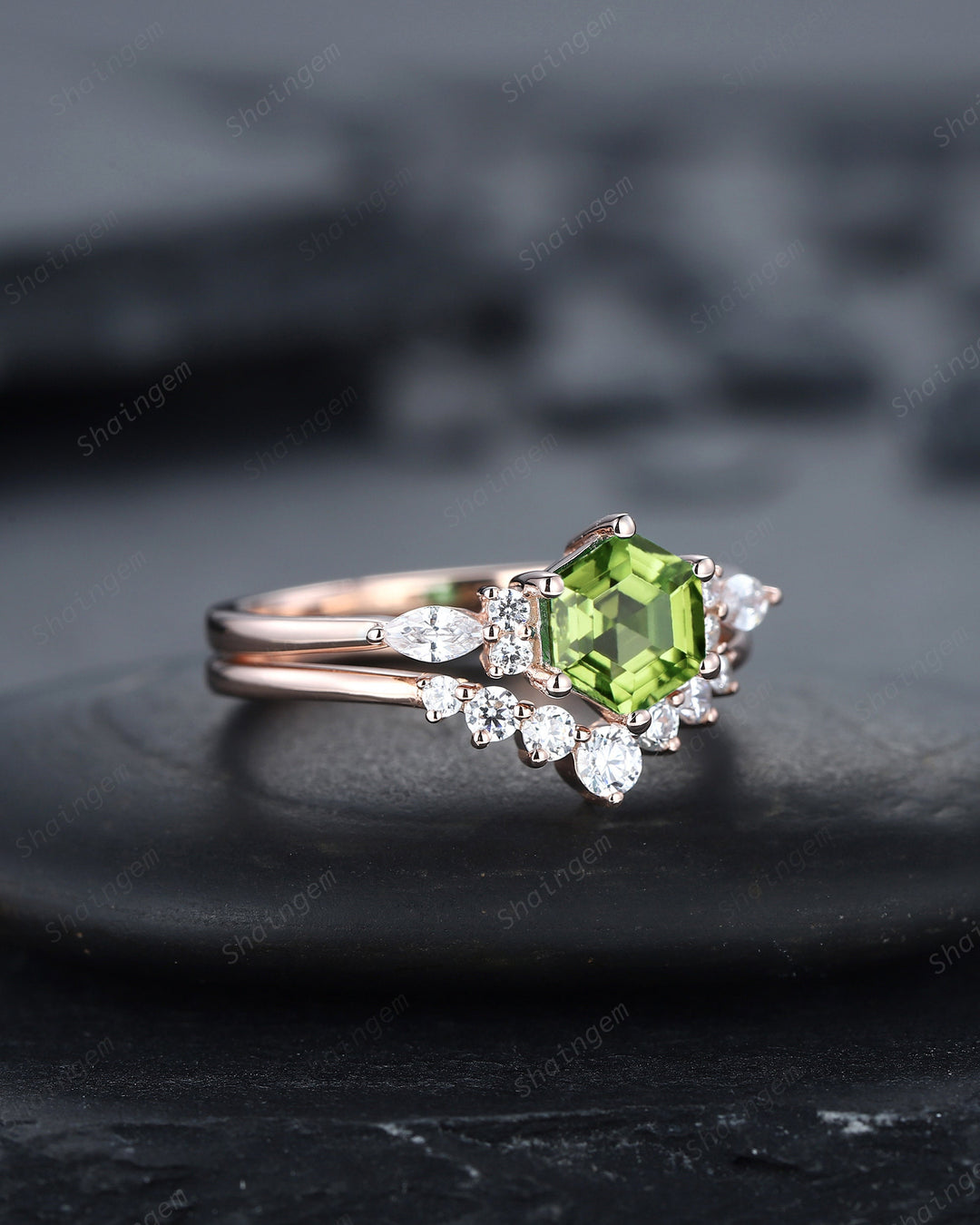 Unique Hexagon Peridot Engagement Ring Set, Vintage Peridot and Diamond Wedding Ring 14K Rose Gold August Birthstone Promise Ring Bridal Set - ShainJewelry