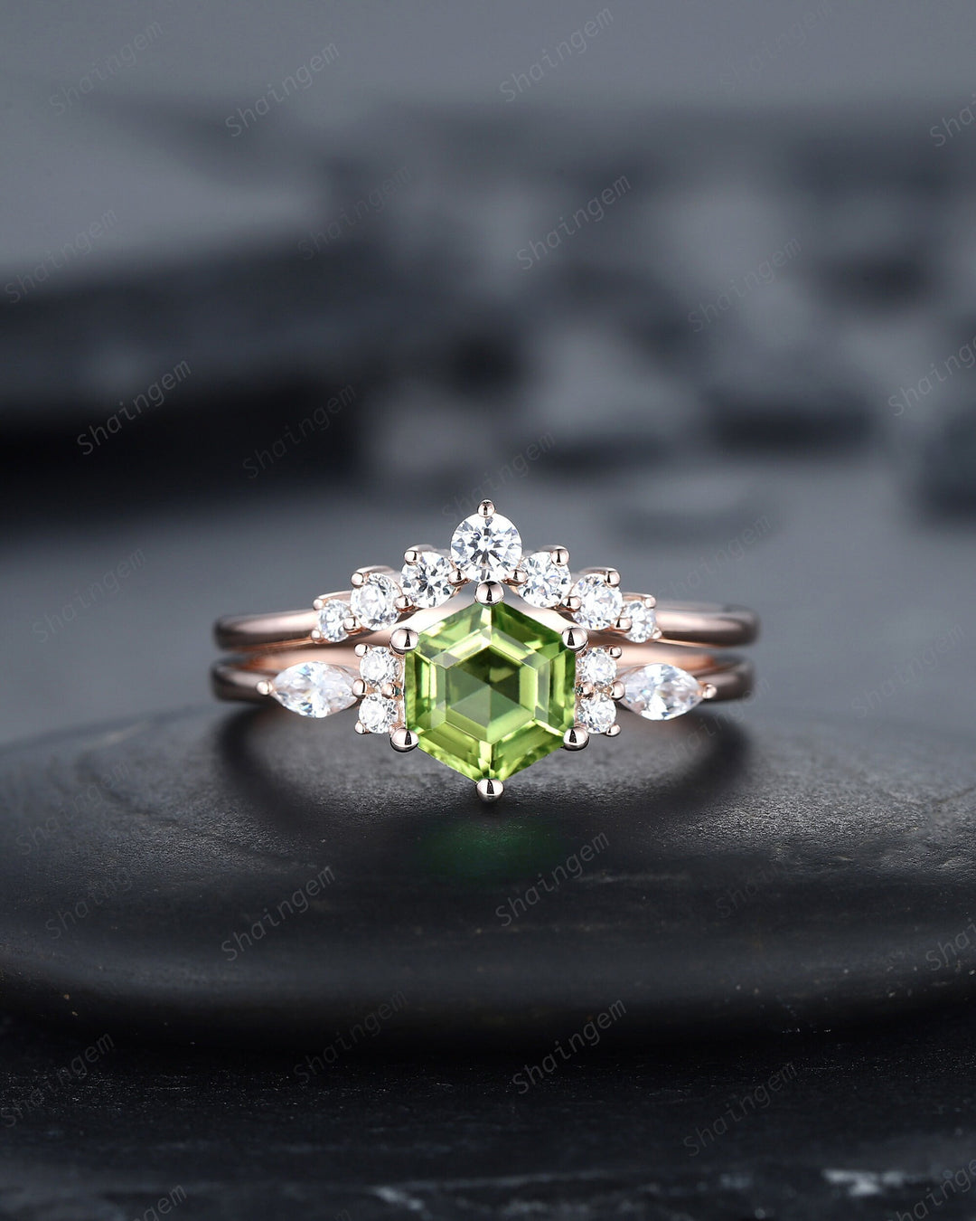 Unique Hexagon Peridot Engagement Ring Set, Vintage Peridot and Diamond Wedding Ring 14K Rose Gold August Birthstone Promise Ring Bridal Set - ShainJewelry