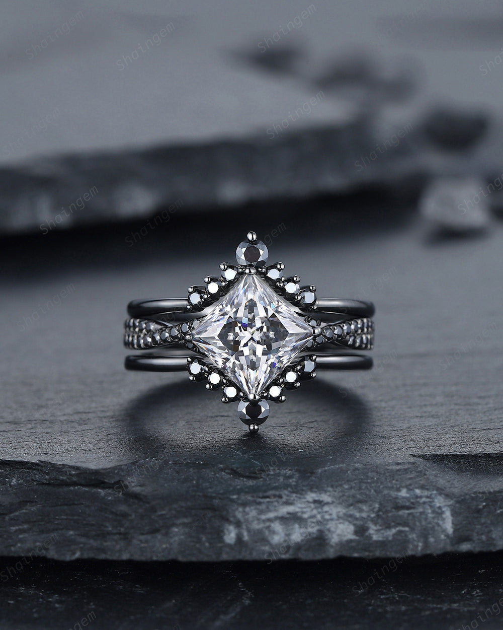 3PCS Black Gold Princess Cut Gray Moissanite Engagement Ring Set, Gothic Grey Moissanite Bridal Set, Black Wedding Set Promise Ring Gift - ShainJewelry