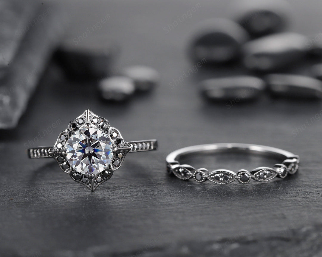 Black Gold Round Gray Moissanite Ring Rhodium Black Grey Moissanite Wedding Engagement Ring Set Gothic Bridal Set Anniversary Promise Ring - ShainJewelry