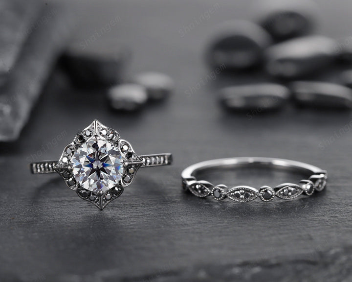 Black Gold Round Gray Moissanite Ring Rhodium Black Grey Moissanite Wedding Engagement Ring Set Gothic Bridal Set Anniversary Promise Ring - ShainJewelry