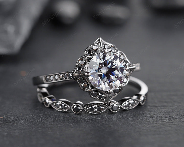 Black Gold Round Gray Moissanite Ring Rhodium Black Grey Moissanite Wedding Engagement Ring Set Gothic Bridal Set Anniversary Promise Ring - ShainJewelry