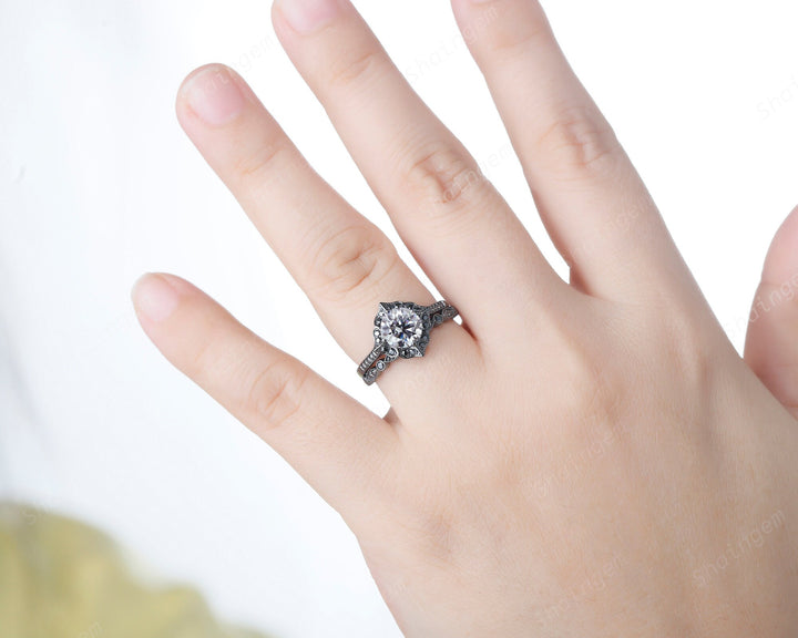 Black Gold Round Gray Moissanite Ring Rhodium Black Grey Moissanite Wedding Engagement Ring Set Gothic Bridal Set Anniversary Promise Ring - ShainJewelry