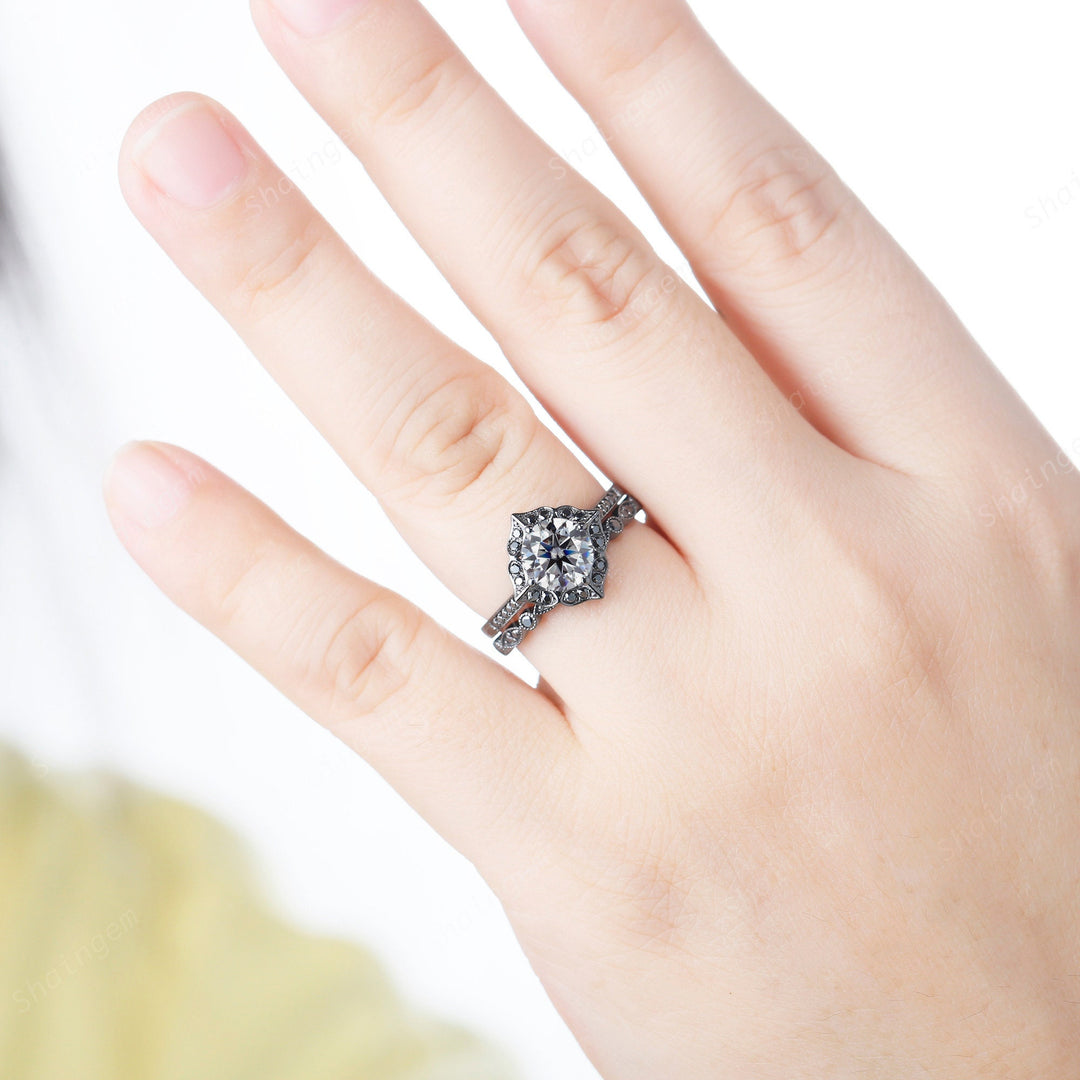 Black Gold Round Gray Moissanite Ring Rhodium Black Grey Moissanite Wedding Engagement Ring Set Gothic Bridal Set Anniversary Promise Ring - ShainJewelry