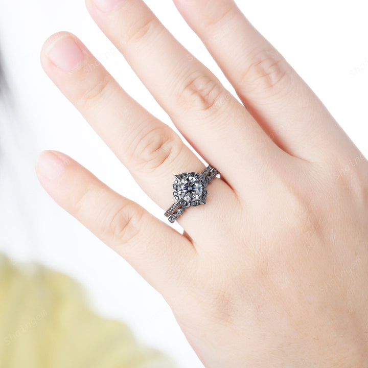 Black Gold Round Gray Moissanite Ring Rhodium Black Grey Moissanite Wedding Engagement Ring Set Gothic Bridal Set Anniversary Promise Ring - ShainJewelry