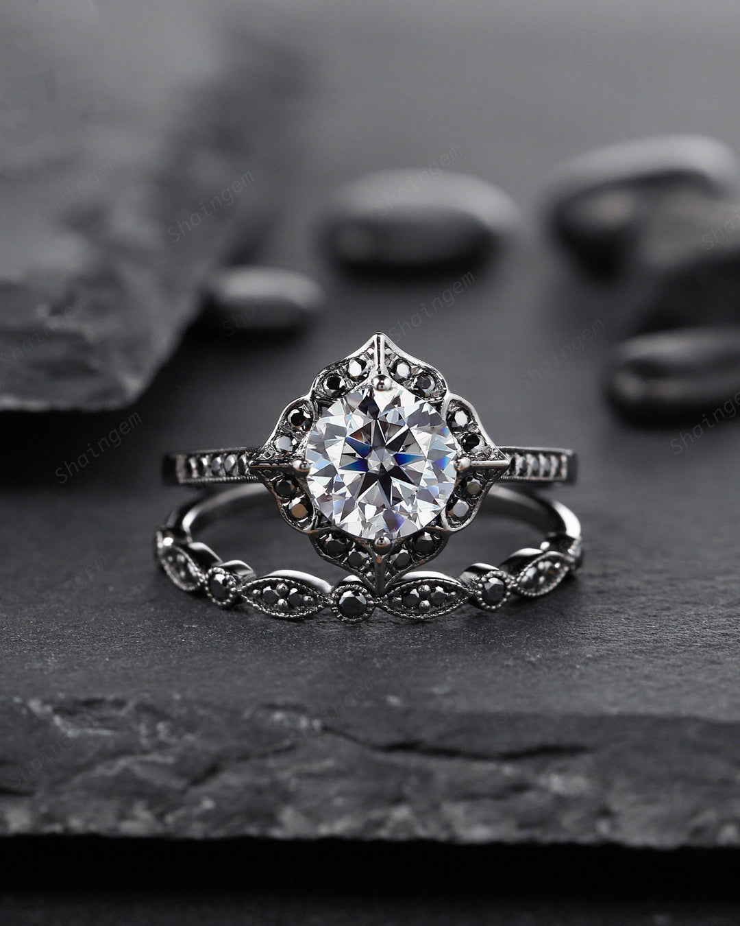Black Gold Round Gray Moissanite Ring Rhodium Black Grey Moissanite Wedding Engagement Ring Set Gothic Bridal Set Anniversary Promise Ring - ShainJewelry