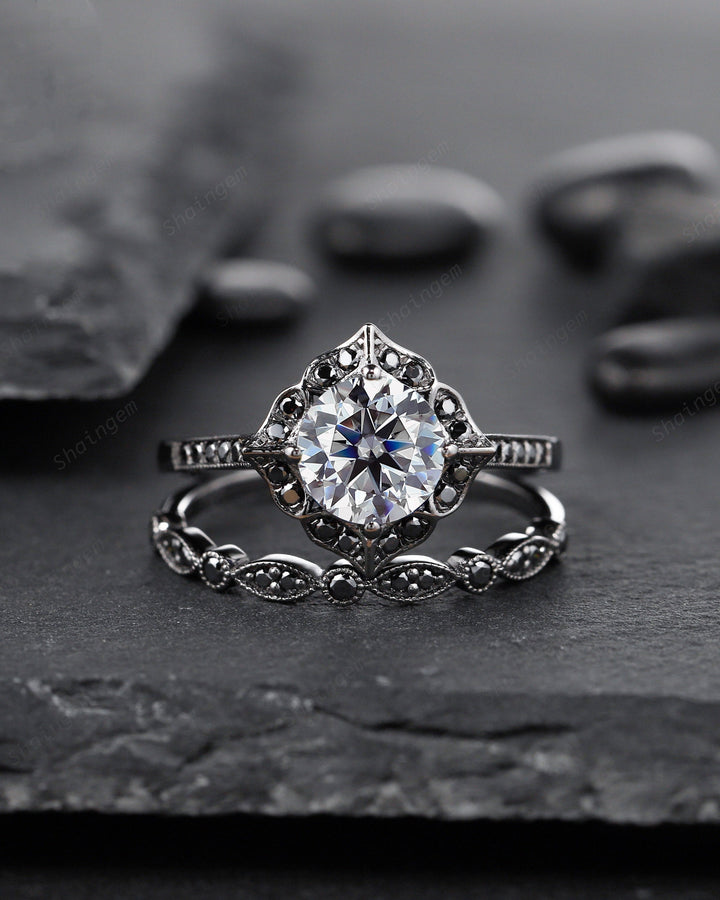 Black Gold Round Gray Moissanite Ring Rhodium Black Grey Moissanite Wedding Engagement Ring Set Gothic Bridal Set Anniversary Promise Ring - ShainJewelry