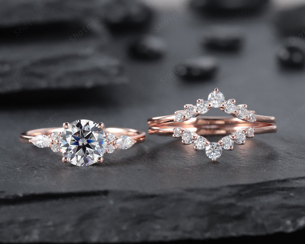 3PCS Unique Round Shape Gray Moissanite Engagement Ring Set, Vintage 14K Rose Gold Halo Grey Moissanite Wedding Ring Set, Promise Ring Gift - ShainJewelry