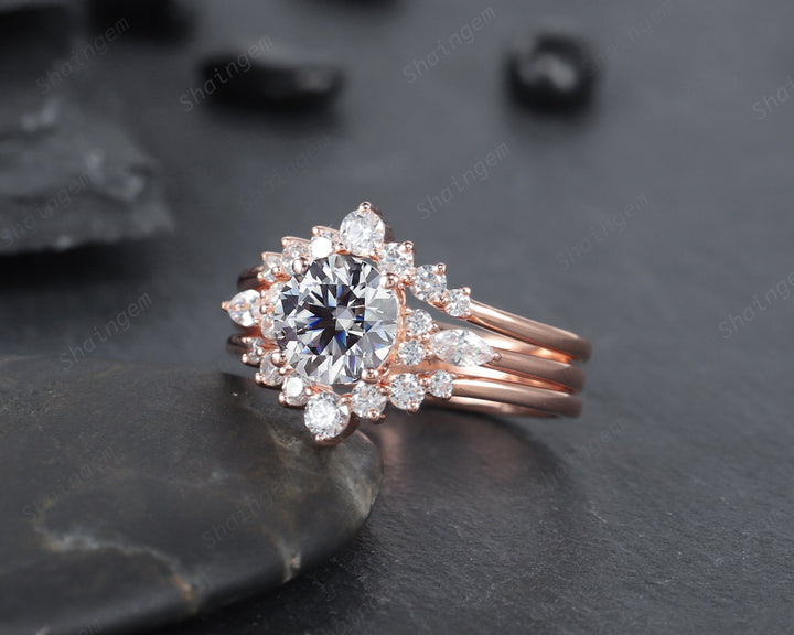 3PCS Unique Round Shape Gray Moissanite Engagement Ring Set, Vintage 14K Rose Gold Halo Grey Moissanite Wedding Ring Set, Promise Ring Gift - ShainJewelry