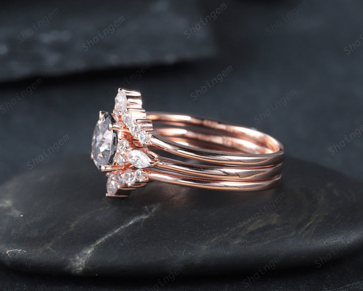 3PCS Unique Round Shape Gray Moissanite Engagement Ring Set, Vintage 14K Rose Gold Halo Grey Moissanite Wedding Ring Set, Promise Ring Gift - ShainJewelry