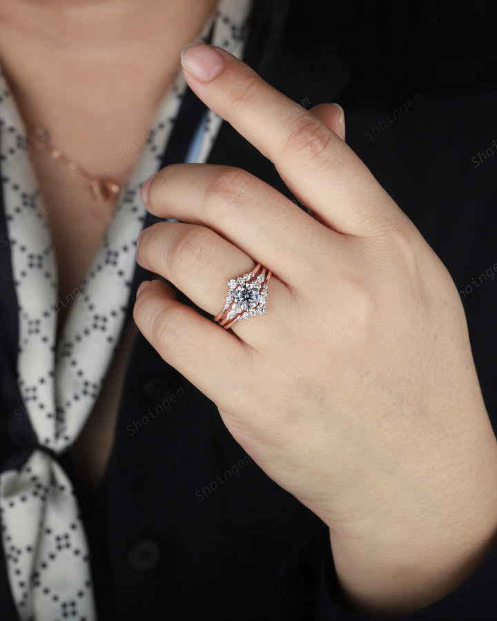 3PCS Unique Round Shape Gray Moissanite Engagement Ring Set, Vintage 14K Rose Gold Halo Grey Moissanite Wedding Ring Set, Promise Ring Gift - ShainJewelry