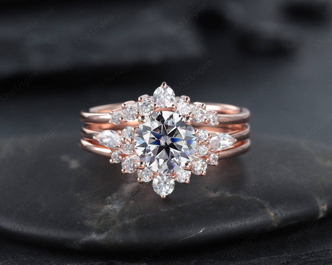 3PCS Unique Round Shape Gray Moissanite Engagement Ring Set, Vintage 14K Rose Gold Halo Grey Moissanite Wedding Ring Set, Promise Ring Gift - ShainJewelry