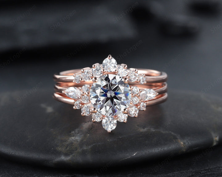 3PCS Unique Round Shape Gray Moissanite Engagement Ring Set, Vintage 14K Rose Gold Halo Grey Moissanite Wedding Ring Set, Promise Ring Gift - ShainJewelry