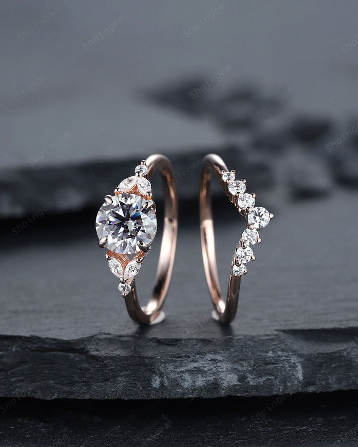 Vintage Round Gray Moissanite and Diamond Engagement Ring Set, Unique Grey Moissanite Wedding Ring Set, 14K Rose Gold Promise Ring for Women