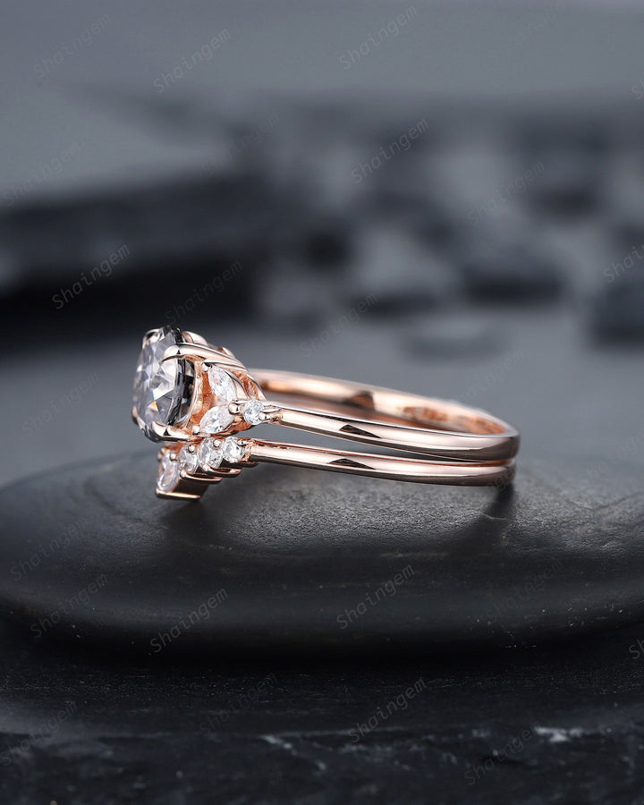Vintage Round Gray Moissanite and Diamond Engagement Ring Set, Unique Grey Moissanite Wedding Ring Set, 14K Rose Gold Promise Ring for Women